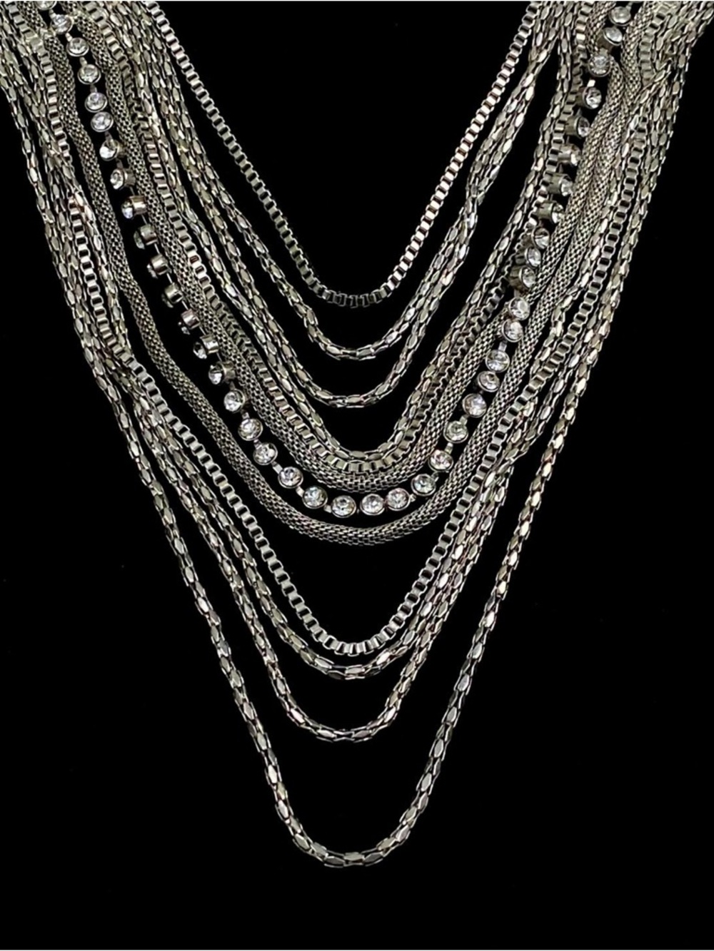 Silver-Tone Multi-Strand Rhinestone Waterfall Layered Necklace